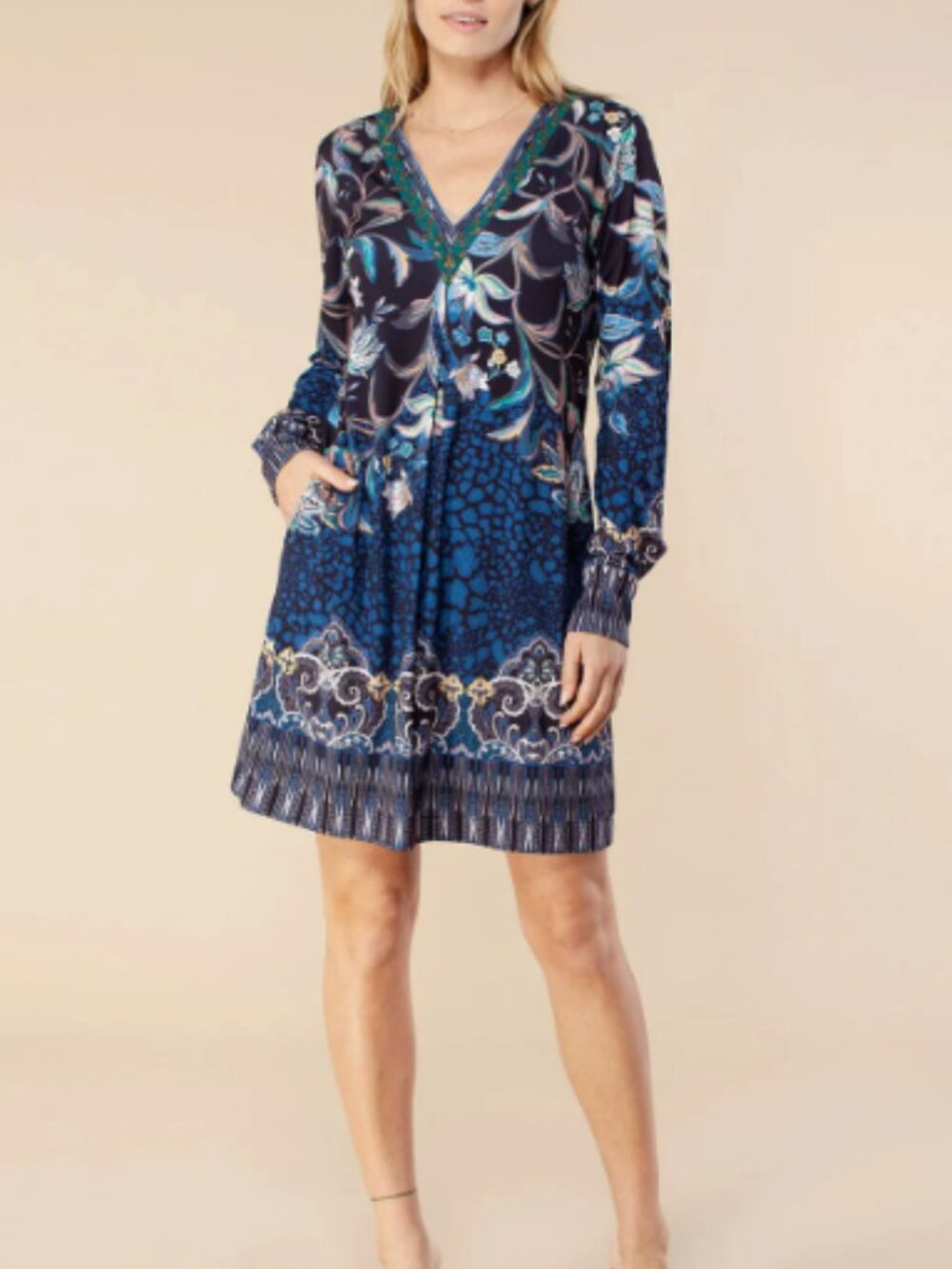 Hale Bob Blue Floral Beaded V-Neck Mini Dress XS